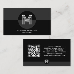 Tarjeta De Visita Código QR de monograma geométrico gris negro retro
