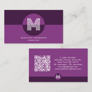 Tarjeta De Visita Código QR de monograma geométrico moderno violeta