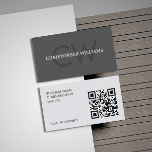 Tarjeta De Visita Código QR de monograma gris de textura elegante mo