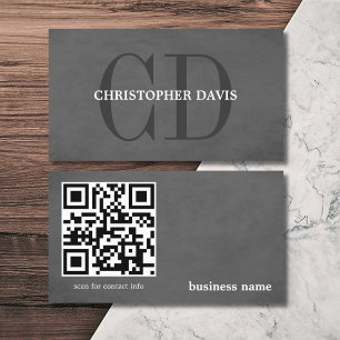 Tarjeta De Visita Código QR de monograma gris de textura elegante mo