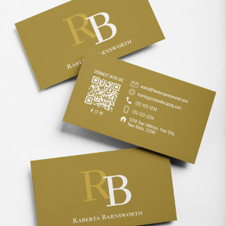 Tarjeta De Visita Código QR de monograma marrón elegante profesional