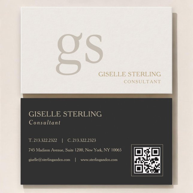 Tarjeta De Visita Código QR de monograma neutral beige profesional (Subido por el creador)