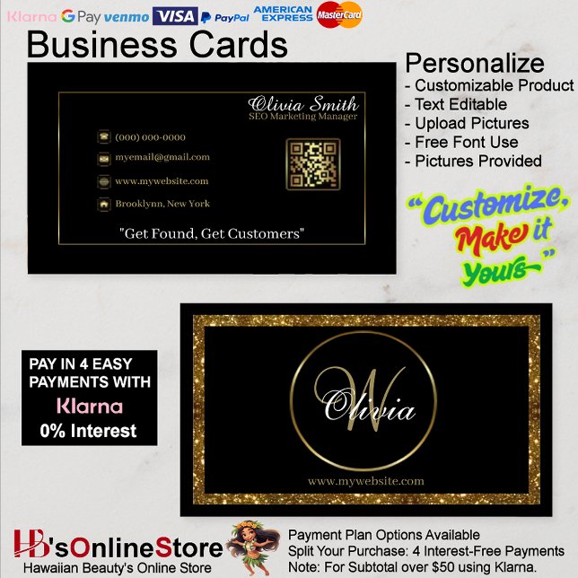 Tarjeta De Visita Código QR de Monograma Purpurina de oro y negro pe (Personalized Monogram Black & Gold Glitter QR Code Business Card.)