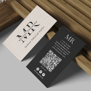 Tarjeta De Visita Código QR de monograma simple de falso lino negro