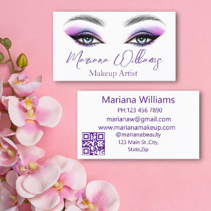 Tarjeta De Visita Código QR de ojos de artista de maquillaje púrpura