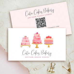 Tarjeta De Visita Código QR de panadería 3 Pasteles de Rosa Sonrosad