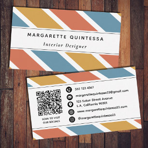 Tarjeta De Visita Código qr de Patrón de Rayas Retro Azul Naranja y