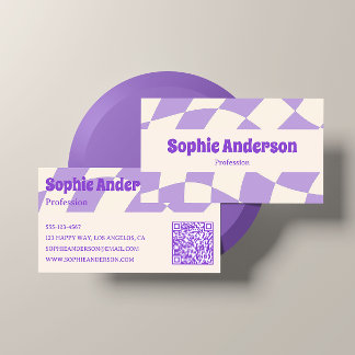 Tarjeta De Visita Código QR de Patrón Ondulado Retro Púrpura Minimal