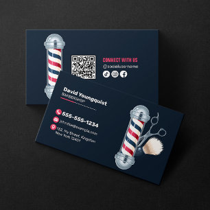 Tarjeta De Visita Código QR de peluquería moderna azul para barbero