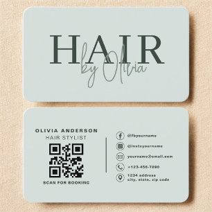 Tarjeta De Visita Código QR de peluquería verde salvia moderno 
