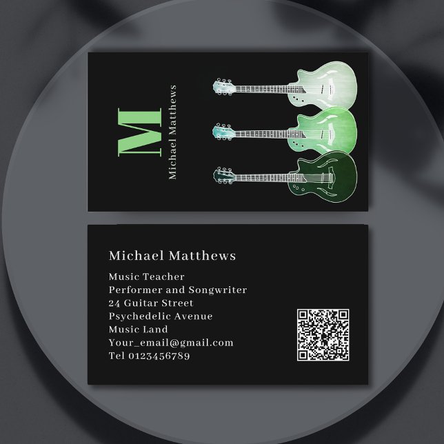 Tarjeta De Visita Código QR de Personalizado de guitarra de músico p (Modern guitar teacher musician songwriter performer business card website QR code black white green)