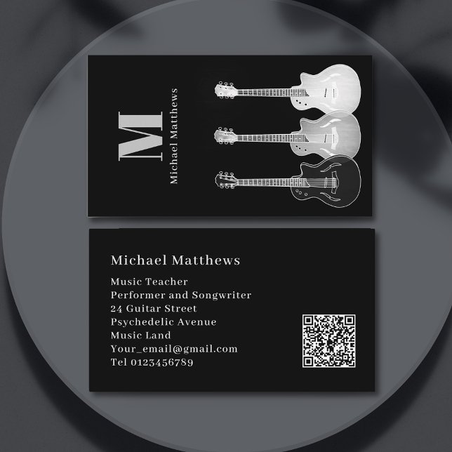 Tarjeta De Visita Código QR de Personalizado profesional de guitarra (Guitar teacher and musician songwriter modern professional black and white monogram business card)