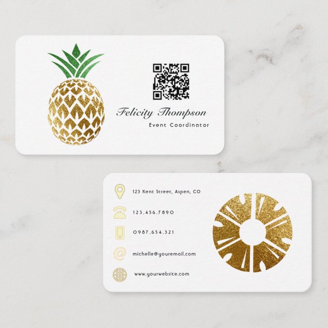 Tarjeta De Visita Código QR de Piña con Hoja de Oro Falso (Anverso / Reverso)