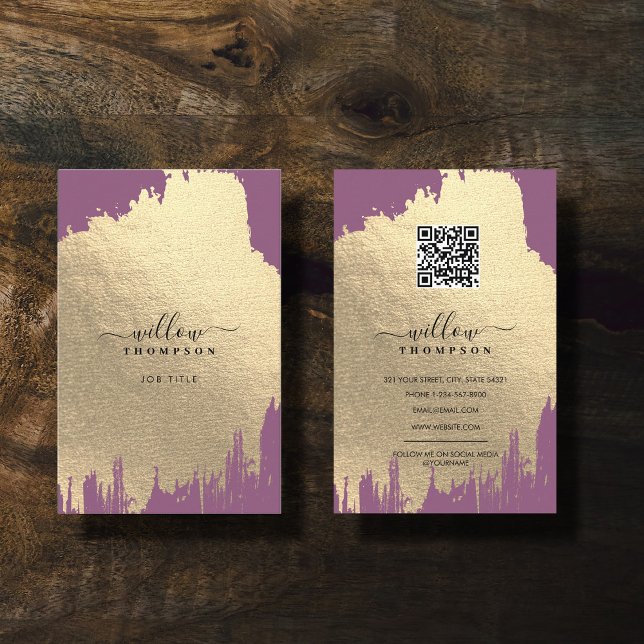 Tarjeta De Visita Código QR de pincel de pincel de Relieve metalizad (Purple Rose Gold Foil Brush Stroke QR Code Business Card)