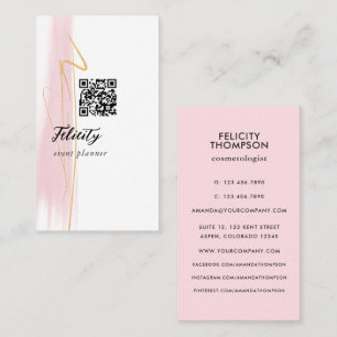Tarjeta De Visita Código QR de pinceladas rosadas y doradas