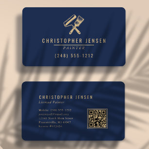 Tarjeta De Visita Código QR de pintor azul marino dorado redondeado