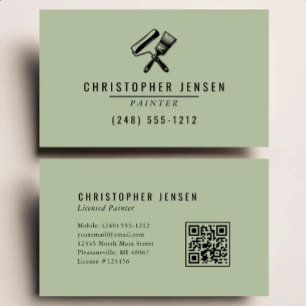 Tarjeta De Visita Código QR de pintor Verde Sage Pintura Negra