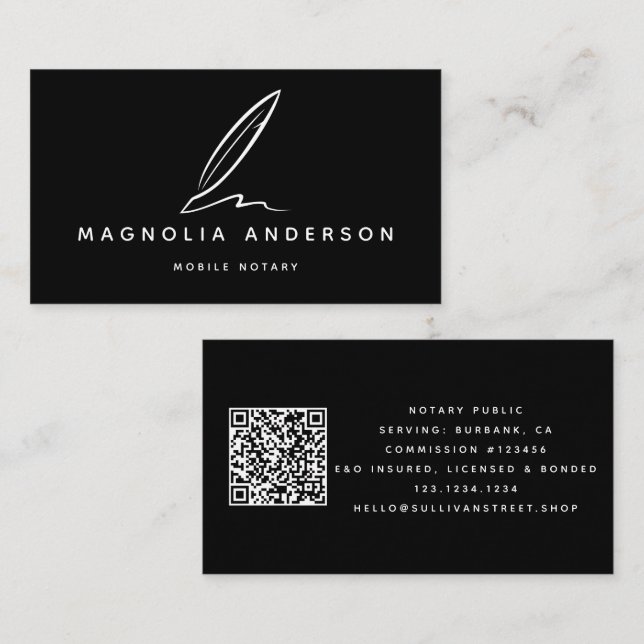 Tarjeta De Visita Código QR de Quill de notario negro móvil (Anverso / Reverso)