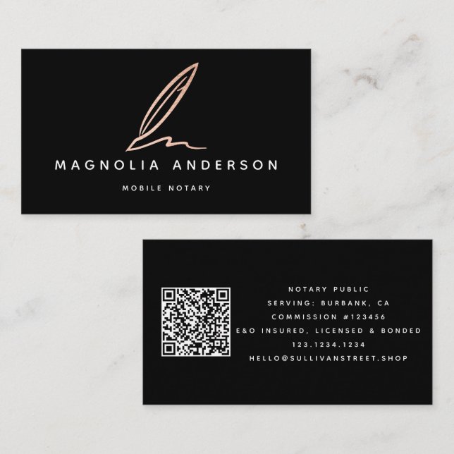 Tarjeta De Visita Código QR de Quill Rosa de notario negro móvil (Anverso / Reverso)