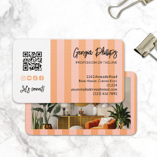 Tarjeta De Visita Código QR de rayas de melocotón y rubor Foto Redes