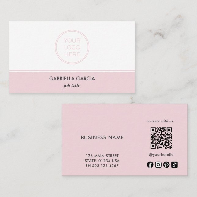 Tarjeta De Visita Código QR de Redes Sociales con Logo Simple Rosa (Anverso / Reverso)