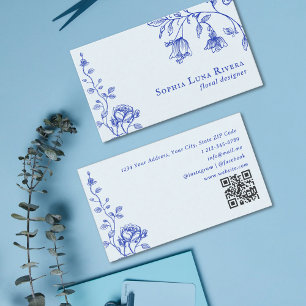 Tarjeta De Visita Código QR de Rosa Floral Vintage Garabato Azul Pol