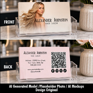 Tarjeta De Visita Código QR de Salón de Cabello Rosa Rubor en Redes
