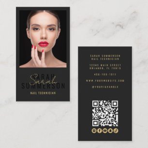 Tarjeta De Visita Código QR de Salón de Uñas Foto Script Beige