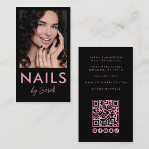 Tarjeta De Visita Código QR de Salón de Uñas Foto Script Rosa Negro