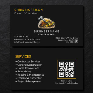 Tarjeta De Visita Código QR de Servicios de Contratista Negro