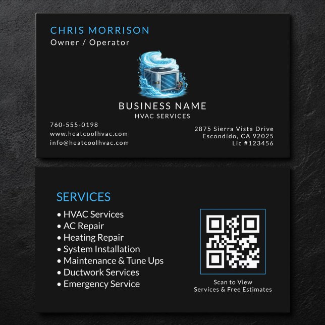 Tarjeta De Visita Código QR de Servicios de HVAC Negro (Subido por el creador)