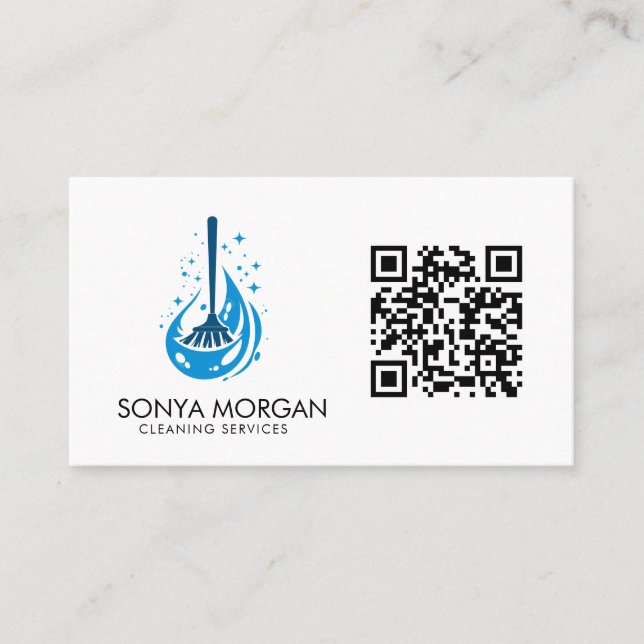 Tarjeta De Visita Código QR de servicios de limpieza modernos con lo (Anverso)