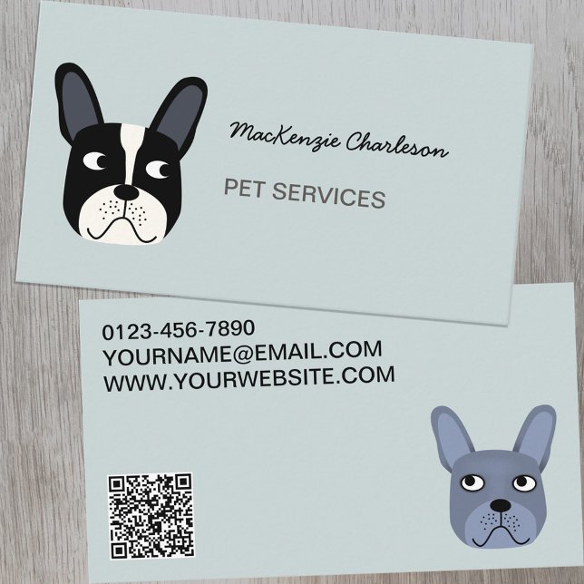 Tarjeta De Visita Código QR de Servicios de Mascota de Bulldog Franc (Dog French Bulldock animal pet dog business cards with QR code)