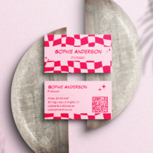 Tarjeta De Visita Código QR de tablero de ajedrez rosa y rojo retro