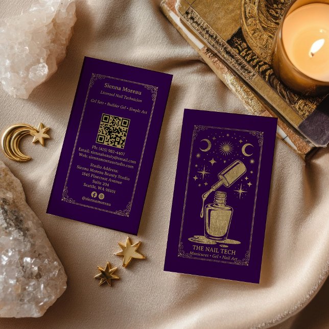 Tarjeta De Visita Código QR de Tarot Celestial Morado Dorado para ar (Gold Purple Celestial Tarot Nail artist QR Code Business Card)