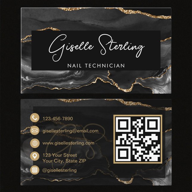 Tarjeta De Visita Código QR de Técnico de Uñas de Oro Negro   (Subido por el creador)