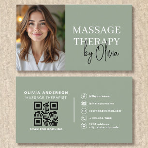 Tarjeta De Visita Código QR de Terapeuta de Masaje Foto Verde Sage
