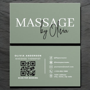 Tarjeta De Visita Código QR de Terapeuta de Masaje Verde Salvia de L