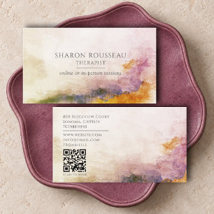 Tarjeta De Visita Código QR de Terapeuta Sereno Abstracto en Acuarel