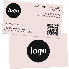 Tarjeta De Visita Código QR de Texto y Logo Simple Rosa Claro