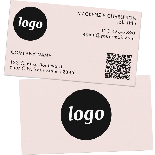 Tarjeta De Visita Código QR de Texto y Logo Simple Rosa Claro (Logo with QR code and custom text blush pink business cards)