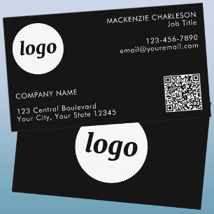 Tarjeta De Visita Código QR de texto y logotipo simple negro