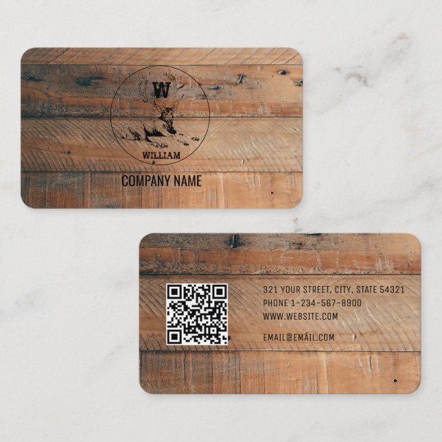 Tarjeta De Visita Código QR de textura de madera rústica y monograma (Anverso / Reverso)