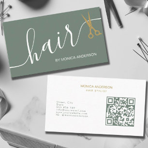 Tarjeta De Visita Código QR de Tijeras de Pelo con Guión Verde Salvi
