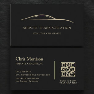 Tarjeta De Visita Código QR de transporte de aeropuerto negro y dora