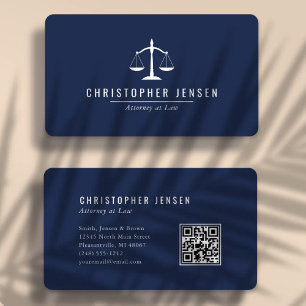 Tarjeta De Visita Código QR del abogado azul marino blanco balanzas