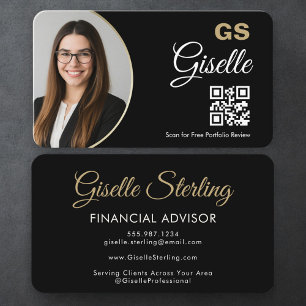 Tarjeta De Visita Código QR del Agente Financiero Foto Negro Oro