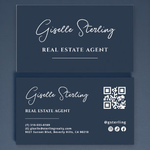 Tarjeta De Visita Código QR del agente inmobiliario Minimalista azul