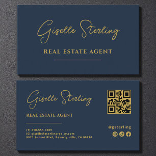 Tarjeta De Visita Código QR del agente inmobiliario Navy Blue & Gold