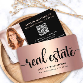 Tarjeta De Visita Código QR del agente inmobiliario Pink Copper Blac